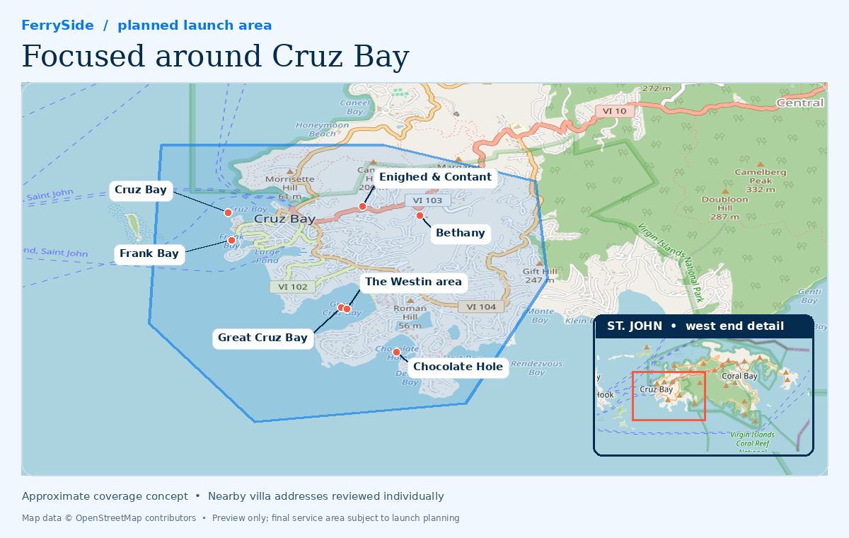Map of western St. John showing planned coverage around Cruz Bay: Frank Bay, Enighed and Contant, Bethany, Chocolate Hole, Great Cruz Bay and the Westin area. Contact FerrySide if you are unsure whether your destination is inside the mapped service area.